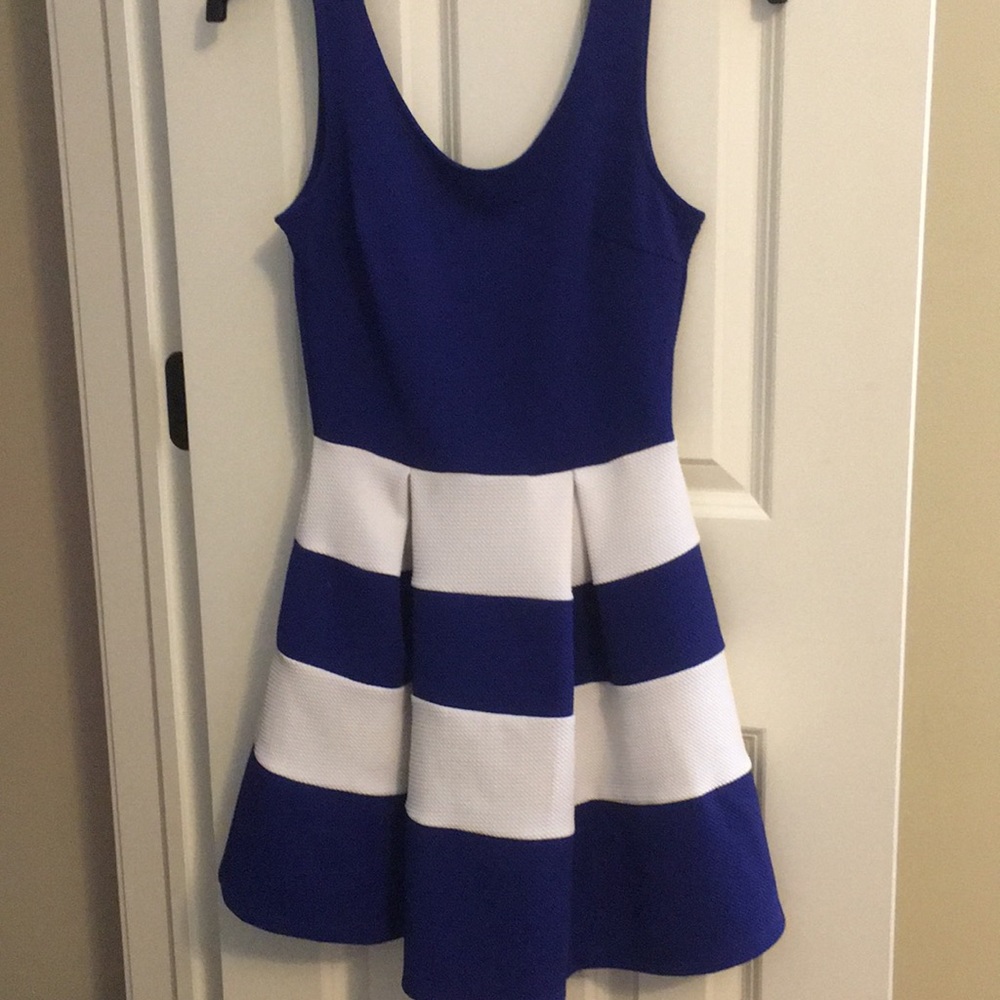 blue dress with white stripes